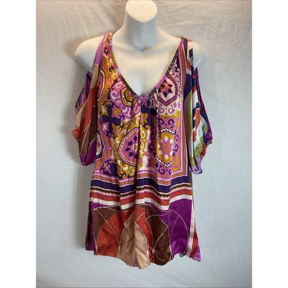 Alice &‎ Trixie Silk colorful 70's Blouse Top 3/4 Sleeve Size L cold shoulder - Picture 1 of 10